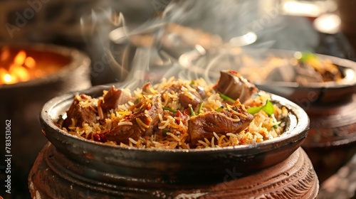 Dum Handi Mutton Biryani or gosht pilaf is prepared in an earthen or clay pot called Haandi or 1 kilo size. Popular Indian non vegetarian food photo