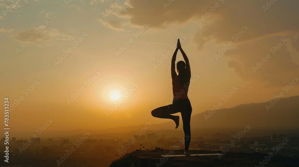 Female silhouette doing yoga asana in slowmotion at sunrise with hands raised to sun