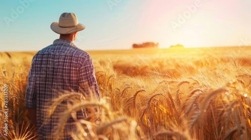 Farmer checking field of rye on sunny day photo