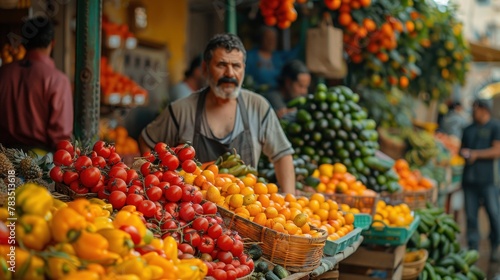 A close-up of a colorful market scene, with vendors selling fresh produce and handmade crafts amidst a bustling crowd.