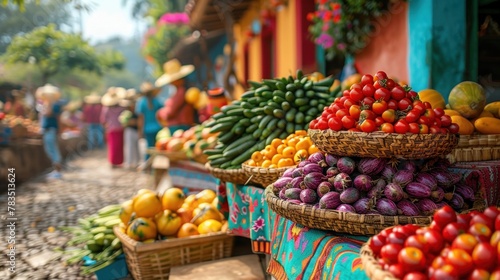 A close-up of a colorful market scene, with vendors selling fresh produce and handmade crafts amidst a bustling crowd.