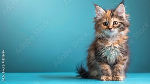 Fluffy kitty looking at camera on blue background, front view. Cute young long hair calico or torbie cat sitting in front of colored background with copy space. 10 month old female kitten. Isolated. photo