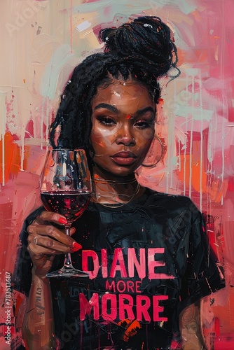 a painterly image of an African American woman, wearing a black tee shirt and holding a glass of wine   photo