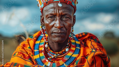 A close-up portrait of a Maasai warrior adorned in traditional attire, his proud stance radiating strength and culture. photo