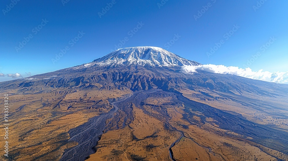 A panoramic view of the majestic Mount Kilimanjaro, its snow-capped peak rising high above the African plains.