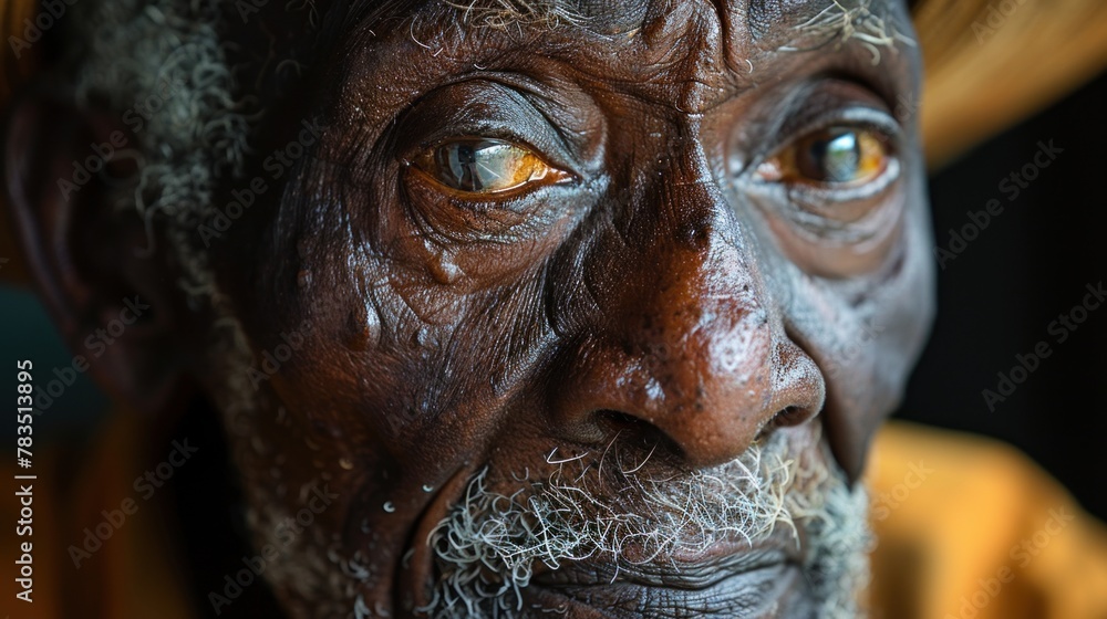 Obraz premium A serene portrait of a tribal elder, his weathered face telling the story of a lifetime lived amidst the beauty of Africa.