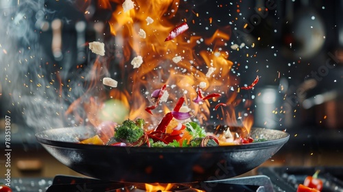 Freeze Motion of Wok Pan with Flying Ingredients in the Air and Fire Flames.