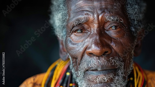 A serene portrait of a tribal elder  his weathered face telling the story of a lifetime lived amidst the beauty of Africa.