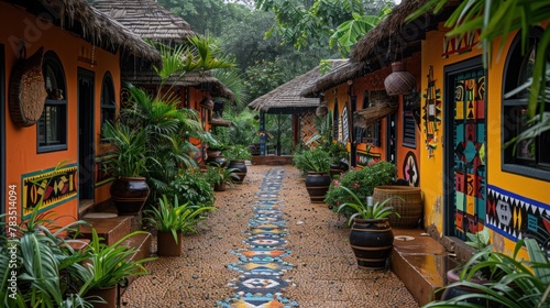 A traditional African village adorned with colorful decor, reflecting the warmth and hospitality of its inhabitants.