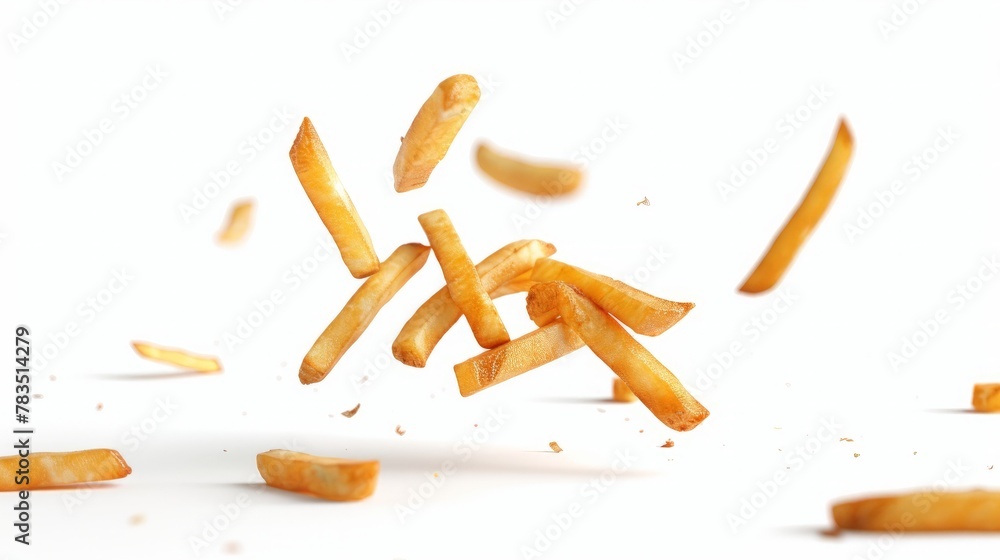 French fries levitate on a white background - obrazy, fototapety, plakaty 