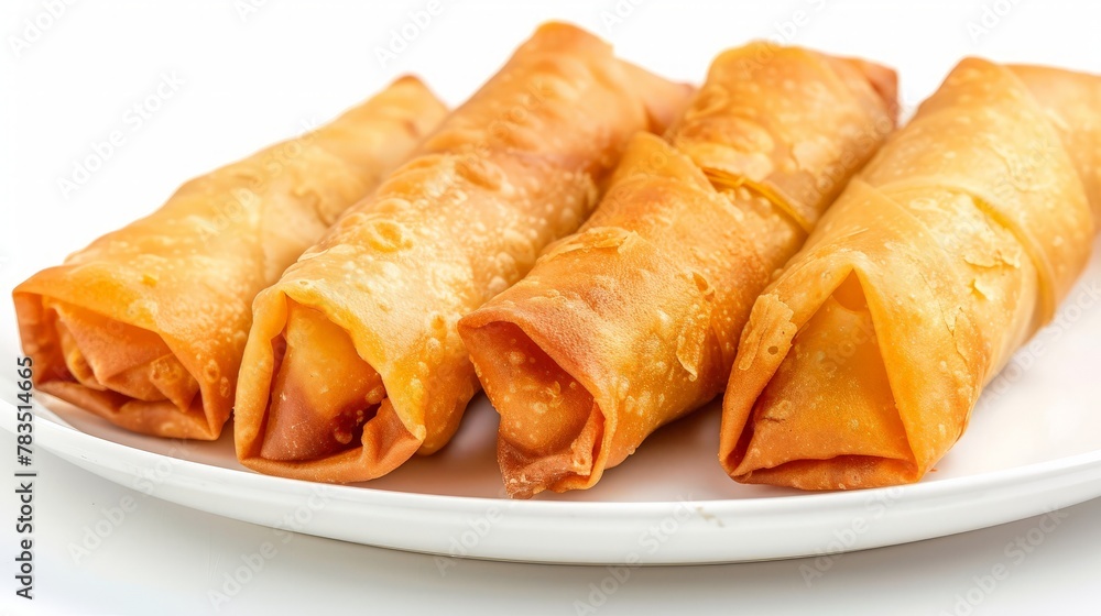 Fried spring rolls on a plate isolated on white background. 