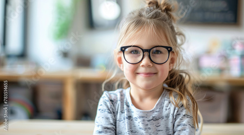 Happy little girl with glasses sitting at the table in the classroom and smiling, white background