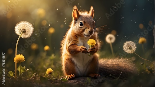 A whimsical squirrel resting on its hind legs, gently blowing on a dandelions while the seeds drift out into a gentle glow.