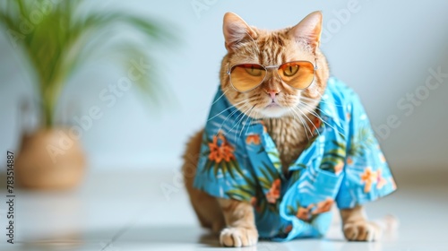 Handsome cat wear sunglasses and blue shirt sit on white floor ready for vacation summer holiday