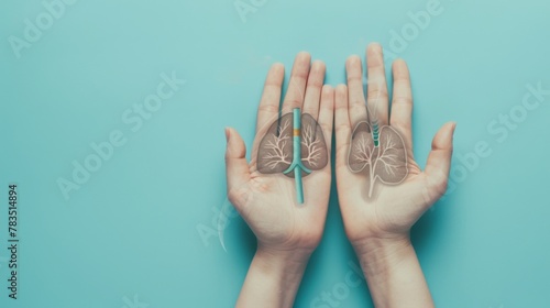 Hands protect lungs from cigarette on light blue background. Stop smoking. World No Tobacco Day concept. Copy space for advertisers. photo