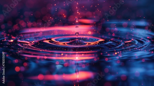 Water Drop Impact Causing Colorful Ripples on Neon Surface