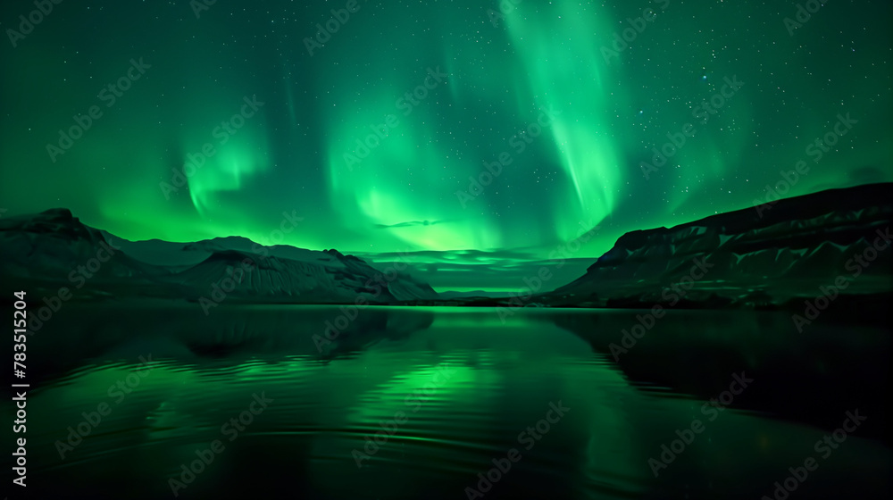 Northern Lights over snowy mountains. Aurora borealis with starry in the night sky. Fantastic Winter Epic Magical Landscape of snowy Mountains. Aurora borealis over the sea, snowy mountains at starry. Northern Lights over snowy mountains. Aurora borealis with starry in the night sky. Fantastic Winter Epic Magical Landscape of snowy Mountains. Aurora borealis over the sea, snowy mountains at starry.