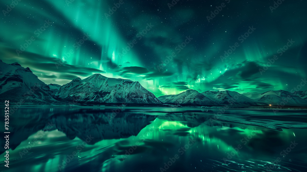 Northern Lights over snowy mountains. Aurora borealis with starry in the night sky. Fantastic Winter Epic Magical Landscape of snowy Mountains. Aurora borealis over the sea, snowy mountains at starry.