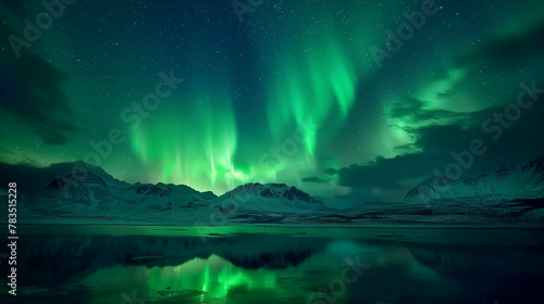 Northern Lights over snowy mountains. Aurora borealis with starry in the night sky. Fantastic Winter Epic Magical Landscape of snowy Mountains. Aurora borealis over the sea, snowy mountains at starry.