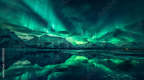 Northern Lights over snowy mountains. Aurora borealis with starry in the night sky. Fantastic Winter Epic Magical Landscape of snowy Mountains. Aurora borealis over the sea, snowy mountains at starry.