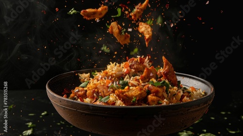 indian chicken biryani, Spicy chicken biryani food photography, flying food, black background. photo