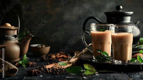 indian masala chai or tea in traditional glasses  with kettle  spices and tea leaves on dark  wooden background. cafe  retro  restaurant  vintage  ethnic  healthy  hotel concepts.