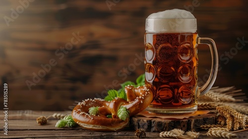 Oktoberfest beer with pretzel, wheat and hops on wooden table