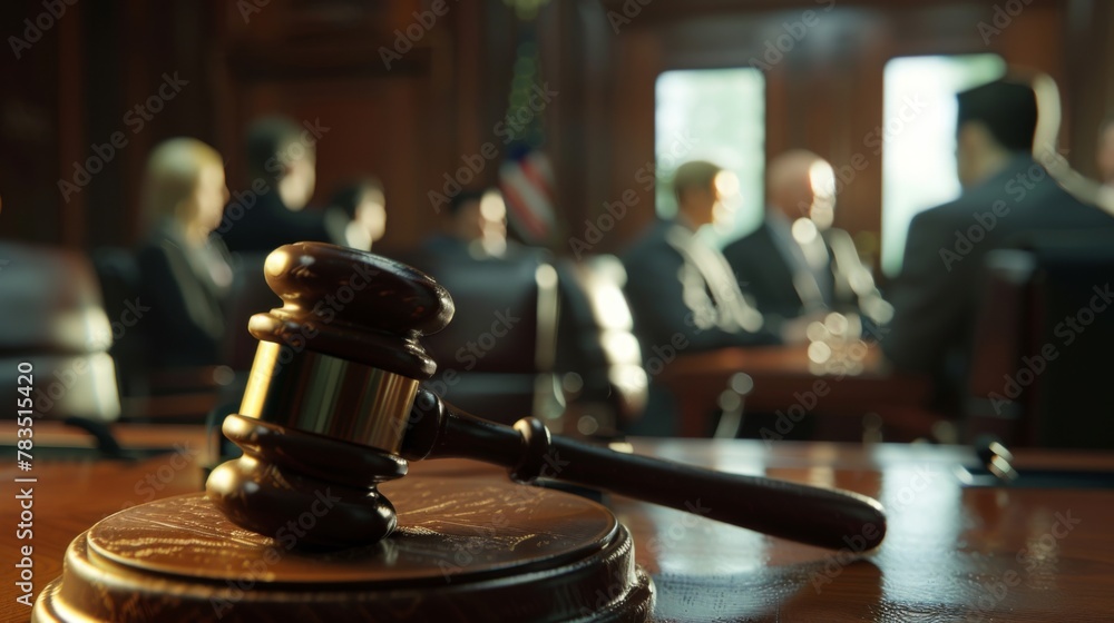 Judge gavel with Justice lawyers having team meeting at law firm in background. Concepts of law. Judge gavel with Justice lawyers having team meeting at law firm in background. Concepts of law.