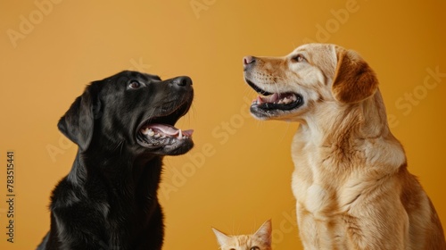 Labrador retriever dog panting and ginger cat sitting in front of dark yellow background