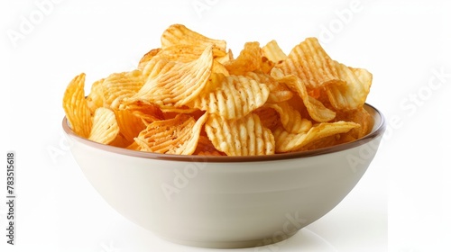 Ridged potato chips in bowl isolated on white background