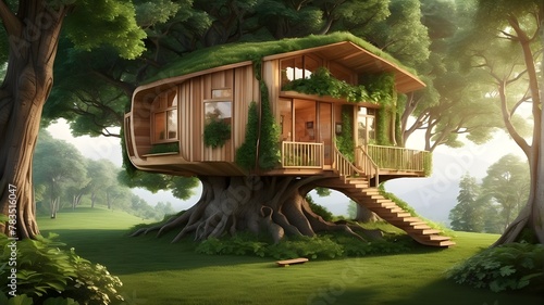 Wooden Treehouse Nestled in Lush Grass. Nestled inside a verdant forest tree, copied space, is a comfortable wooden tree home. photo
