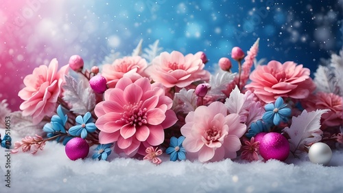 A peaceful image with soft teal background and full bloom pink flowers drifting gently between many petals. Winter Wonderland Background in Blue and Pink with Snowflakes and Vibrant Flowers for a Mag