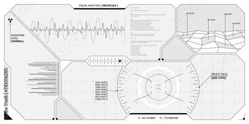VR HUD futuristic control panel. Technology head up display target and UI screen. GUI digital virtual reality interface hi tech visor design template. FUI Sci Fi spaceship cockpit vector eps dashboard