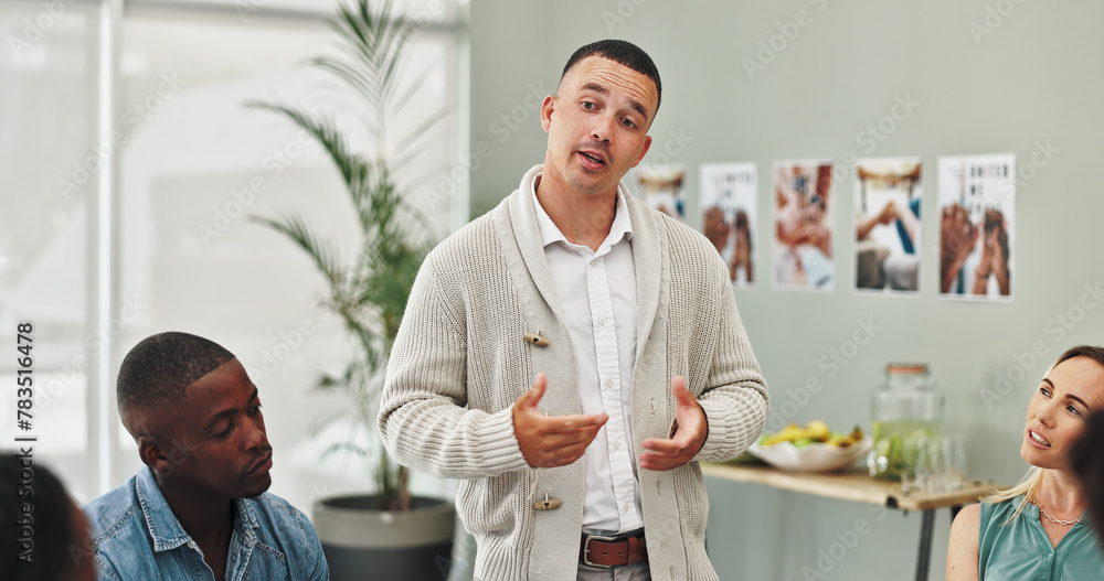 People, group counseling and man in circle at meeting with listening, advice and empathy for mental health. Talking, speaker and therapy session with support, consultation and psychology or diversity People, group counseling and man in circle at meeting with listening, advice and empathy for mental health. Talking, speaker and therapy session with support, consultation and psychology or diversity