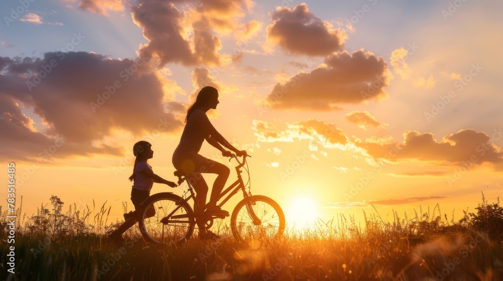 Obraz premium Silhouettes family is together at sunset. Girl learning to ride bicycle, mother teach his daughter to ride a bike in the sunset.