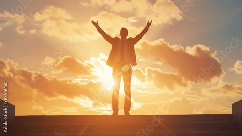 Silhouette of businessman celebrating raising arms on the top stairs with over sunlight.concept of leadership successful achievement with goal,winner,success,growth,achieve,up,win and objective target