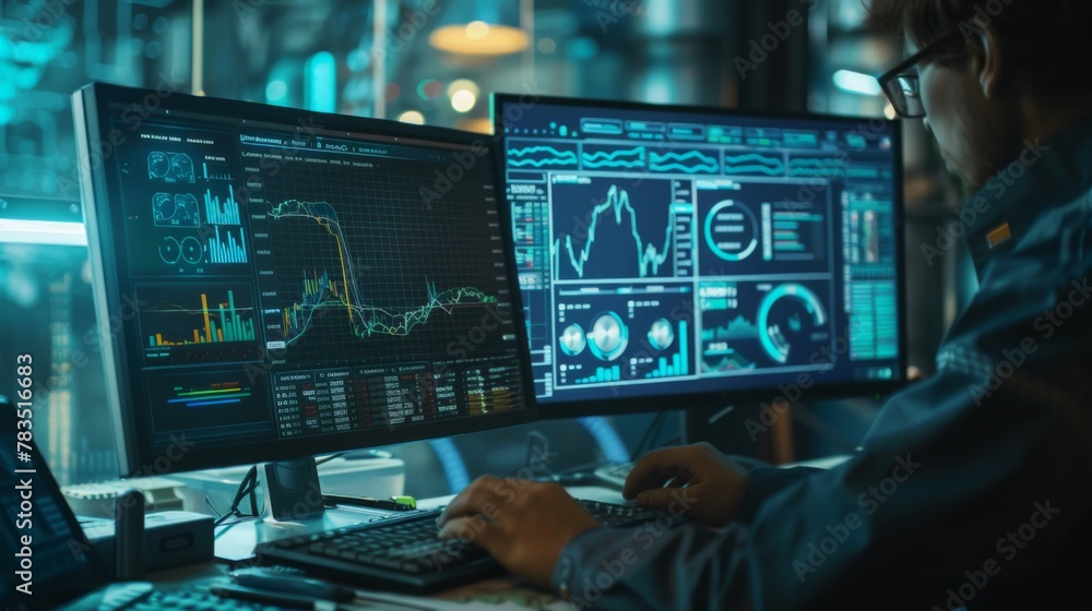 Stock exchange trading data and financial investment. Person using online trading interface with charts and statistics on VR computer screen to analyze ETF and ticker price evolution. Sell or buy. Stock exchange trading data and financial investment. Person using online trading interface with charts and statistics on VR computer screen to analyze ETF and ticker price evolution. Sell or buy.