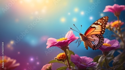 Bright butterfly perched atop a flower over a dreamy, glowing background, representing the peace and beauty of nature.