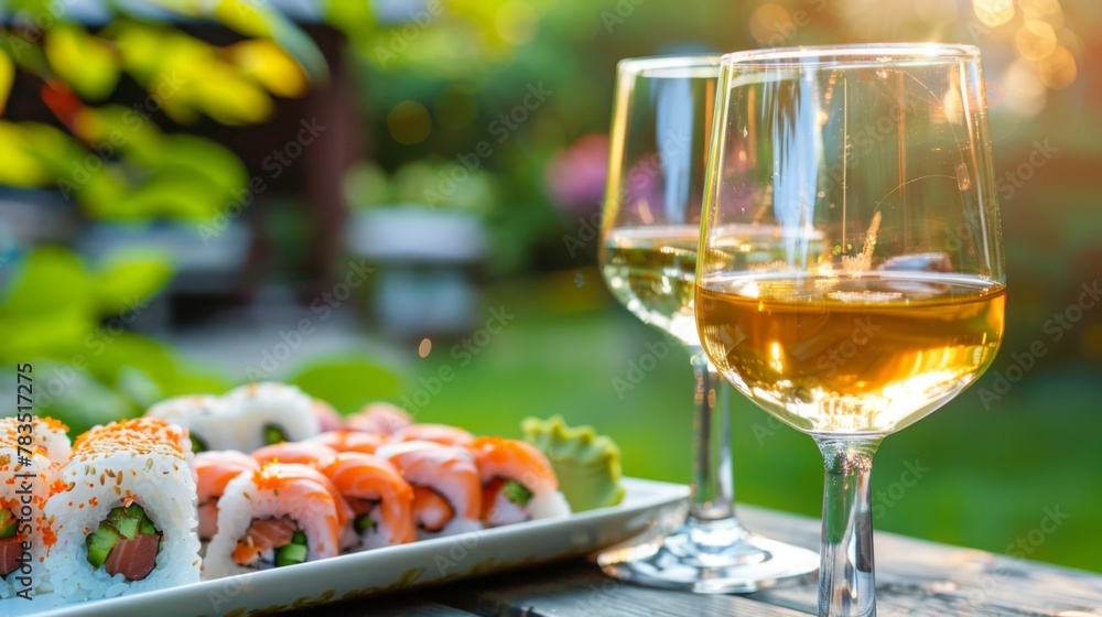 sushi and white wine outdoor sushi and white wine outdoor