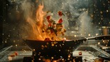 Super Slow Motion Shot of Wok Pan with Flying Ingredients in the Air and Fire Flames. Filmed on High Speed Cinema Camera at 1000 FPS.