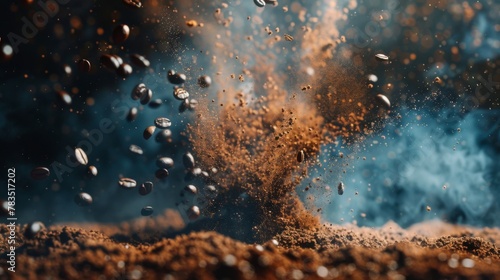 Super Slow Motion Shot of Ground Coffee and Fresh Beans Explosion Towards Camera at 1000fps. photo