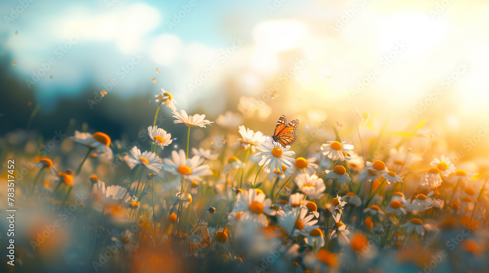 Illustration of butterflies perched on daisy flowers under a clear sunny sky. Landscape photography. 