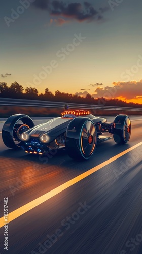 A futuristic concept car with a sleek and aerodynamic design featuring glowing LED lights on the exterior is driving down an open highway at sunset The scene captures its dynamic motion as it glides a ©  Green Creator