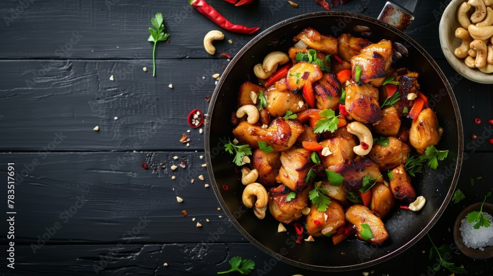 Top view of stir fried chicken with cashew nuts in pan on black wooden table. Thai Food Top view of stir fried chicken with cashew nuts in pan on black wooden table. Thai Food