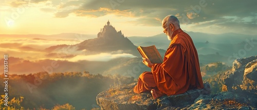 Overlooking an amazing landscape, an elderly monk holding a golden book prays.