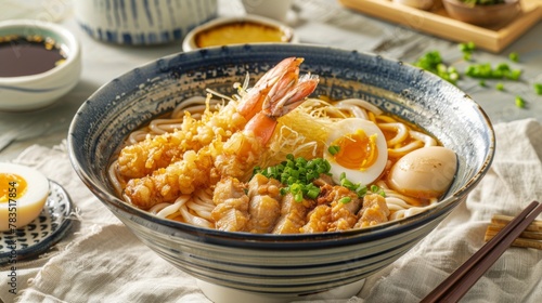 Udon noodle soup topped with shrimp tempura,deep fried tofu,pork and egg in a big bowl on linen cloth background. photo