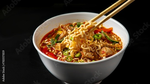 Use chopsticks to pick up Instant noodles soup with crispy pork in white bowl on black background. Asia Food