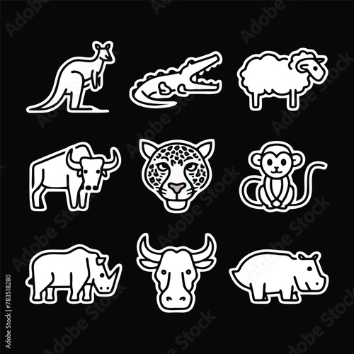 A set of nine icon illustration of a unique animal concept. kangaroo  crocodile  sheep  buffalo  jaguar  monkey  rhino  bull  hippo. Set collection of animals Icons. Simple line art style icons pack