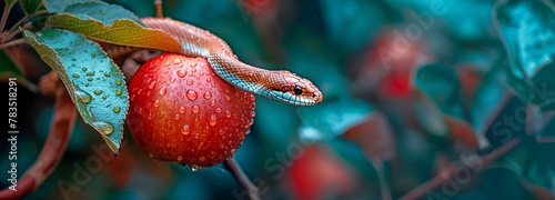 A fruiting apple tree and a snake. The theological topic of forbidden fruit. photo