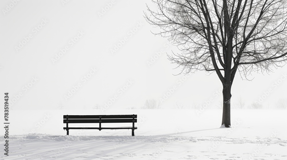 Solitary bench in a snow-covered park